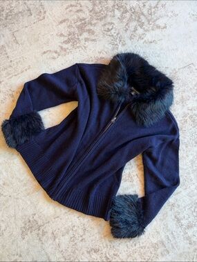 Navy Fur Trim Zip Front Sweater Jacket
